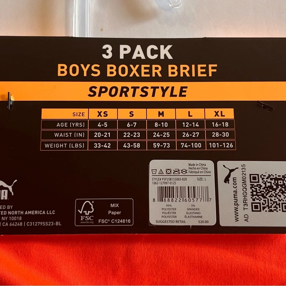 Puma Boys L 12-14, 3 pack boxer brief active stretch, tag free comfort